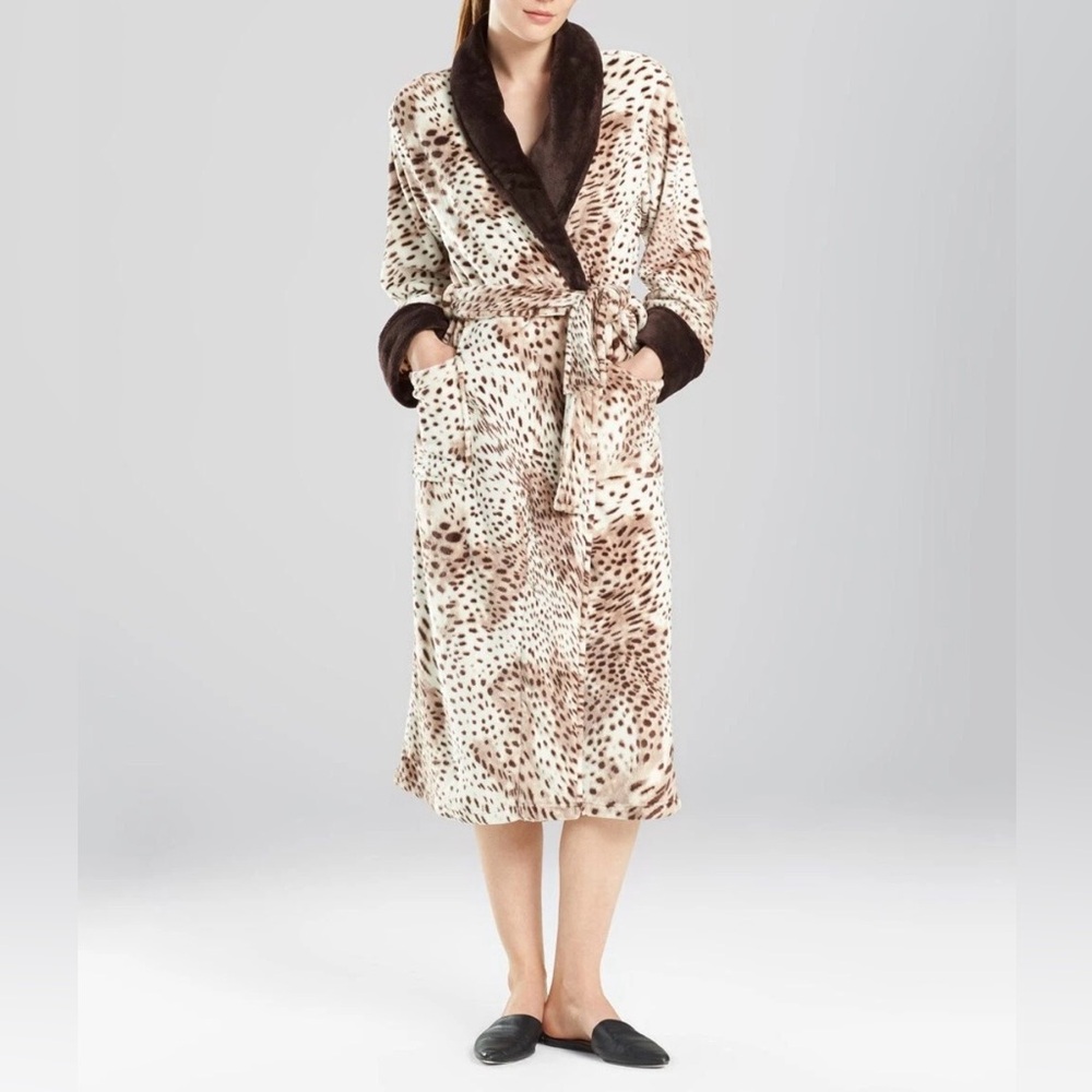 Natori Plush Brushed Fleece Robe Leopard Print Long Sleeve Shawl Collar Size L